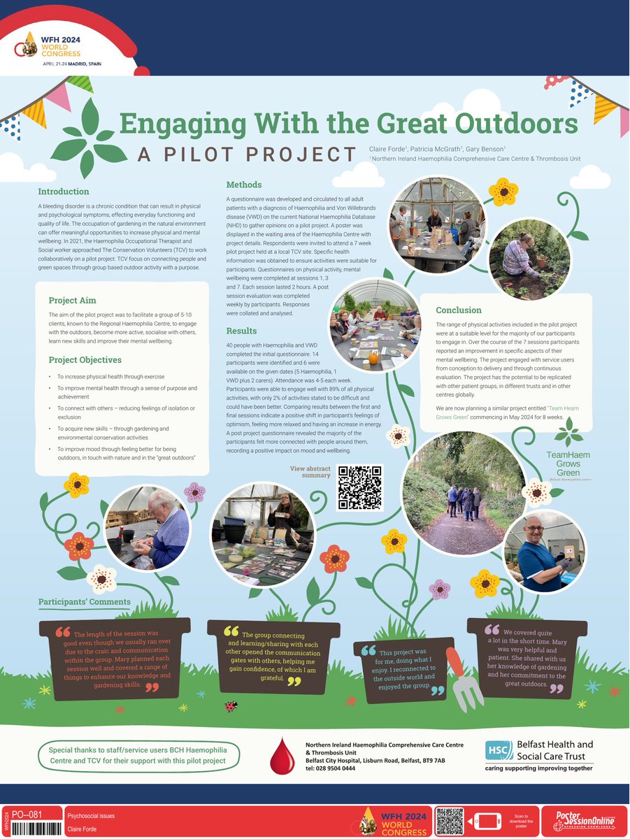 World Federation of Haemophilia Congress Madrid 2024 🩸🇪🇸 Poster presentations from <a href="/ClaireForde12/">Claire Forde</a> <a href="/PMcGrat42408214/">PMcGrath</a> <a href="/GaryBen75666640/">Gary Benson</a> Engaging with the Great Outdoors 🌱 #TeamHaem <a href="/BelfastTrust/">Belfast Trust</a>