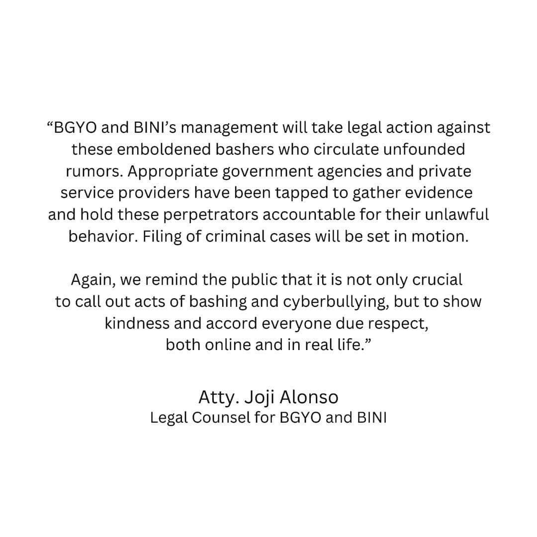 Official Statement from BGYO and BINI Legal Counsel.