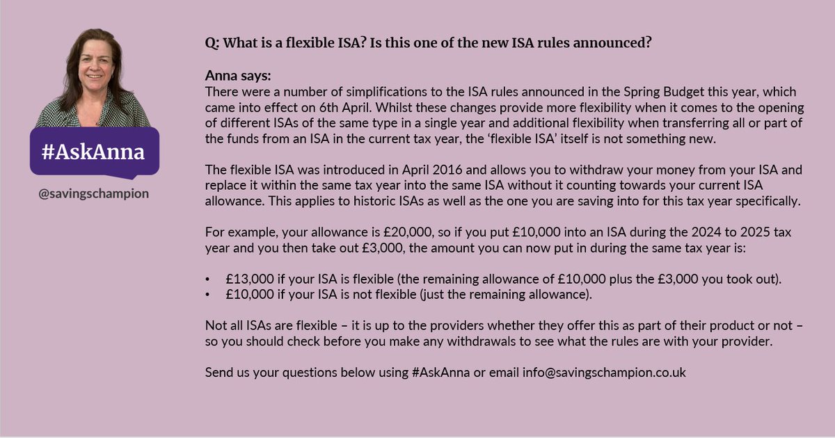 SavingsChampion's tweet photo. This week #AskAnna is answering the question on many minds following the new ISA rules announced - What is a flexible ISA?

Sign up for our FREE fortnightly newsletter here: 🔗
https://t.co/JgaIdo3m8K

#newsletter #subscrive #questionoftheday https://t.co/XDl94efPbG