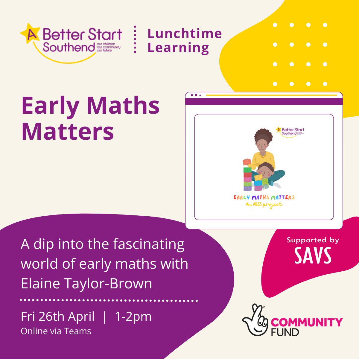 The first of our FREE 'Lunch and Learn' webinars with @savs_southend kicks off on Friday this week with a session on early maths with Elaine Taylor-Brown, project lead for the Early Maths Matters Programme! To book visit: ow.ly/7INp50RllmZ #ABetterStartSouthend #SAVS