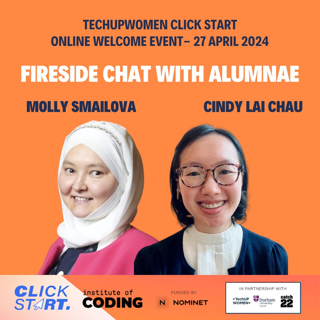 Excited to welcome back our alumni Molly and Cindy for a fireside chat at our upcoming welcome event! They'll be sharing their insights from completing the Click Start programme last year to where they are now with our new learners. 💙 #TechUPWomen24 #TUWClickStart24