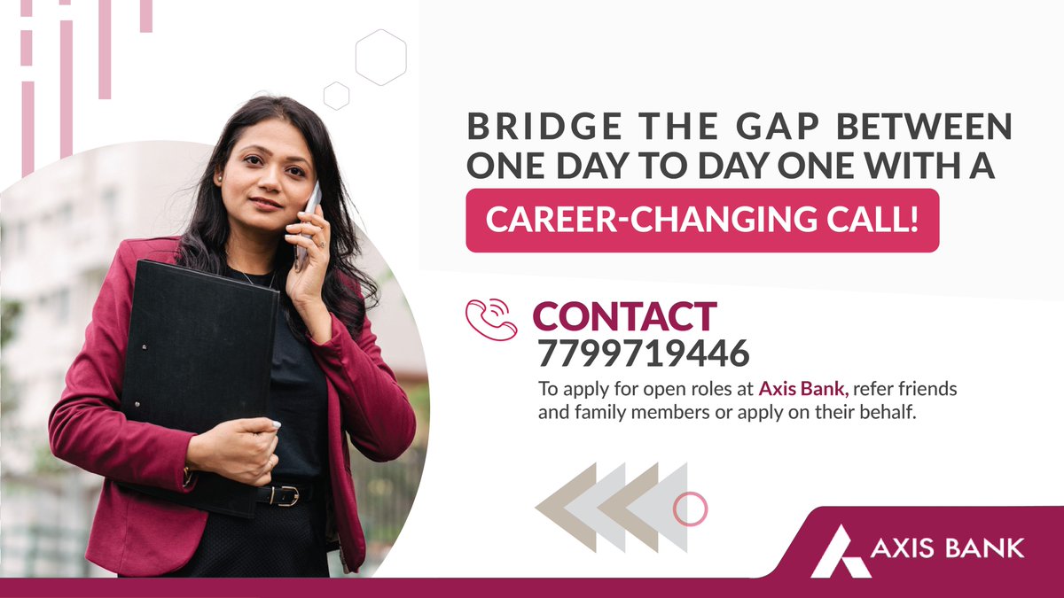 Discover and explore numerous career opportunities. Dial 7799719446 now and explore job openings, apply with ease, or refer friends/colleagues for career opportunities with Axis Bank. Your gateway to a brighter future awaits! #AxisBank #Recruitment #CareerOpportunities #Apply