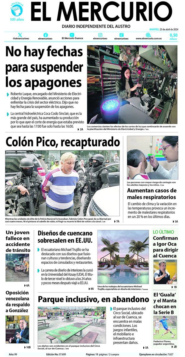 📰Portada impresa del este Martes, 23 de abril de 2024. 📲Más información: elmercurio.com.ec