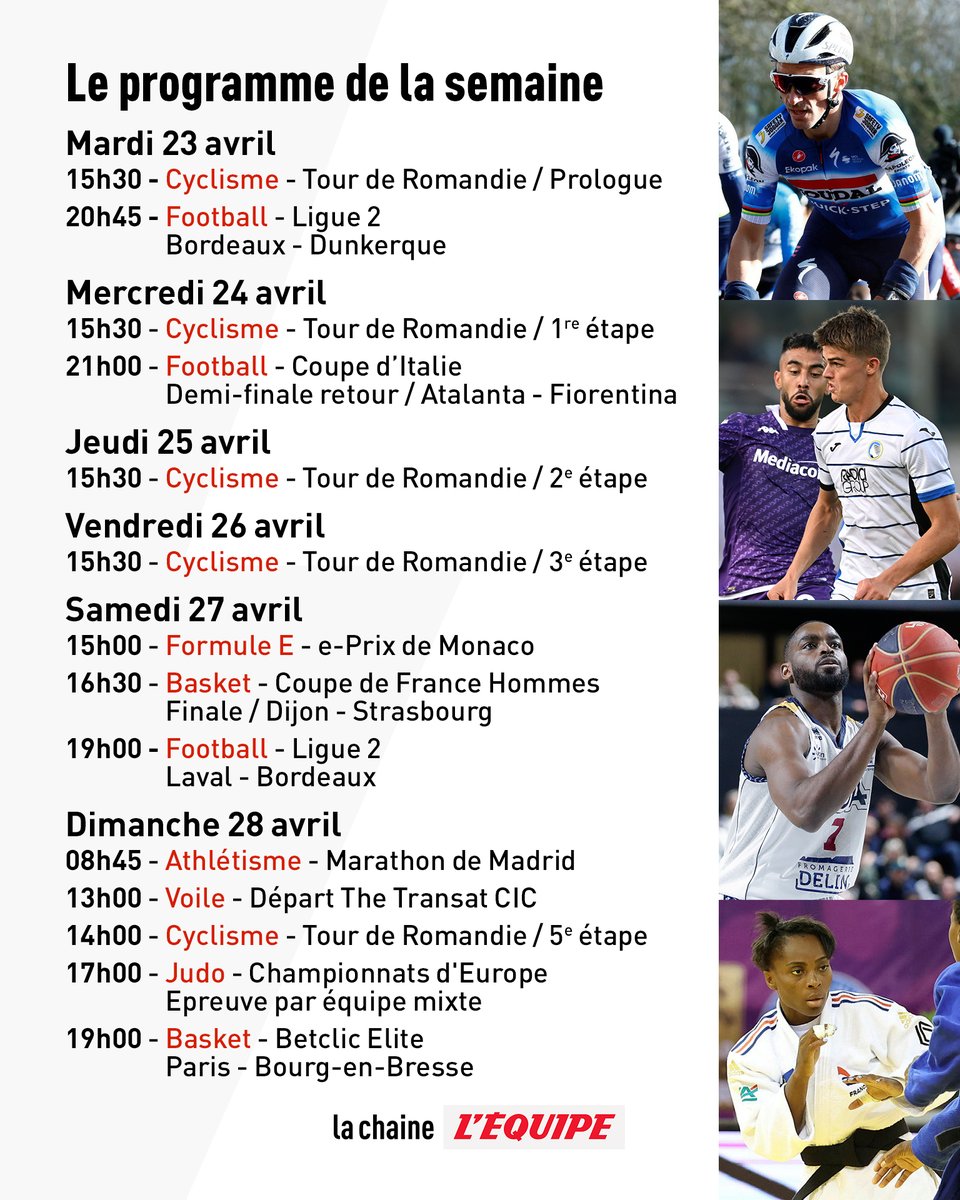 Le Tour de Romandie, la Coupe d'Italie, la Coupe de France de basket ou encore les Championnats d'Europe de judo... Voici votre programme de la semaine en direct sur la chaine L’Équipe !