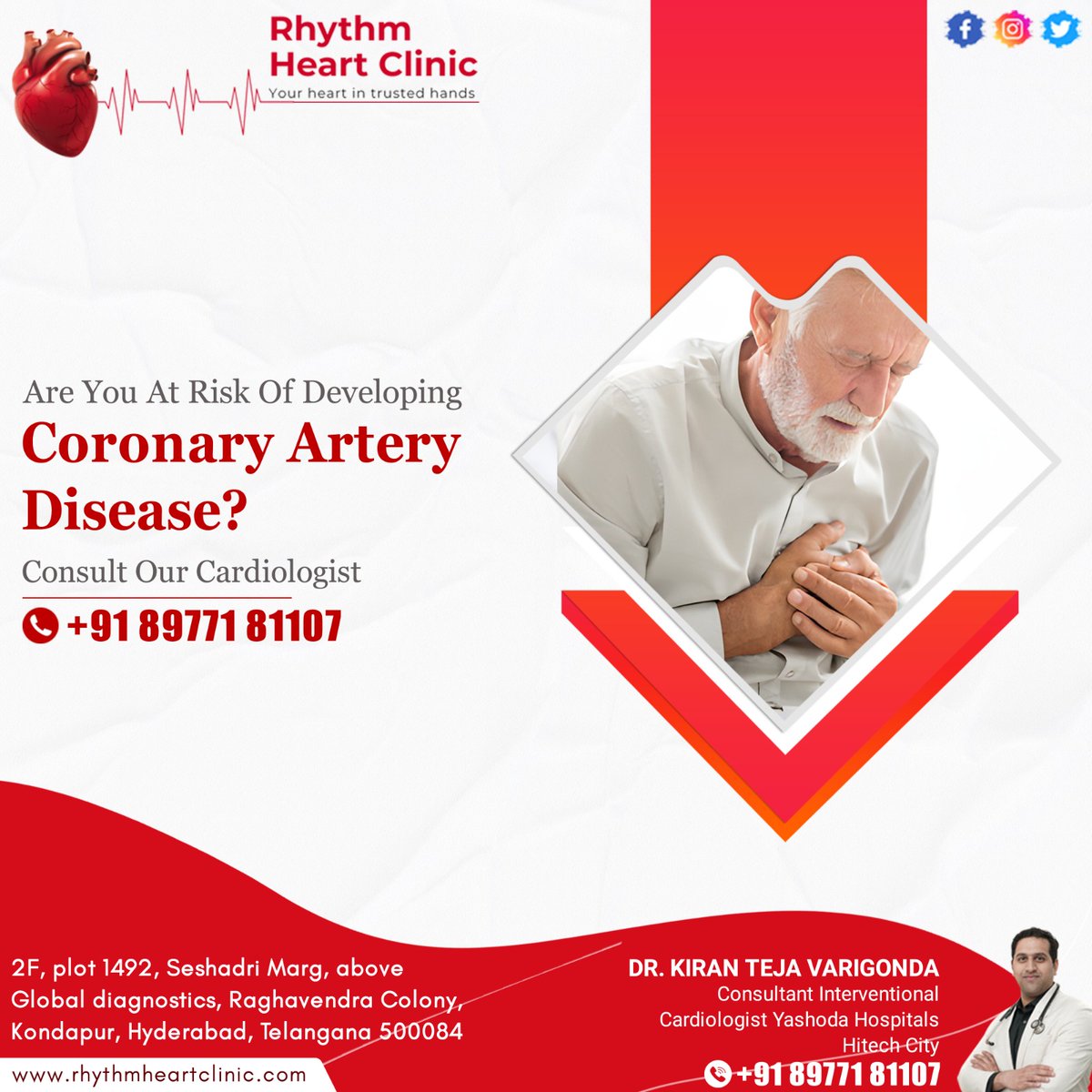 Concerned about #CoronaryArtery Disease?
Consult our #Cardiologist today for #expert guidance and personalized care. Your #hearthealth matters.'

#DrKiranTejaVarigonda #ConsultantInterventionalCardiologist #RhythmHeartClinic #YashodaHospital #Kondapur #Hyderabad #Cardiology