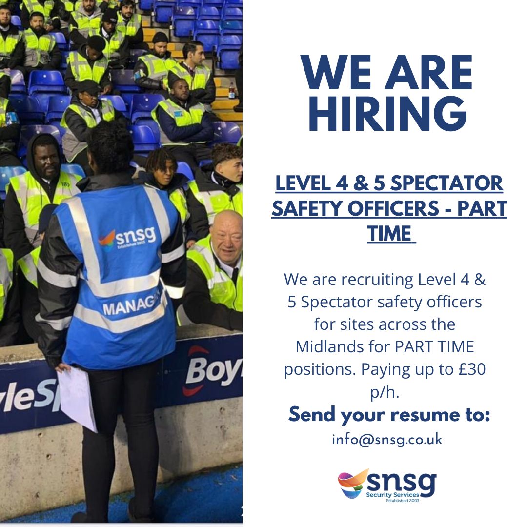 URGENTLY NEEDED DUE TO NEW CONTRACT AWARDS!

We are hiring Level 4 and 5 Spectator Safety officers for part time roles paying up to £30 p/h.

Email your CV to info@snsg.co.uk

Please share!

#recruitment #parttimejobs #parttimework #spectatorsafetyjobs