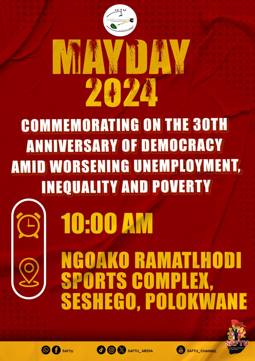 SAFTU_media's tweet photo. #MayDay2024 #πππ
ππ #DefendWorkersRight #ICTU https://t.co/3hkTV6Urbn