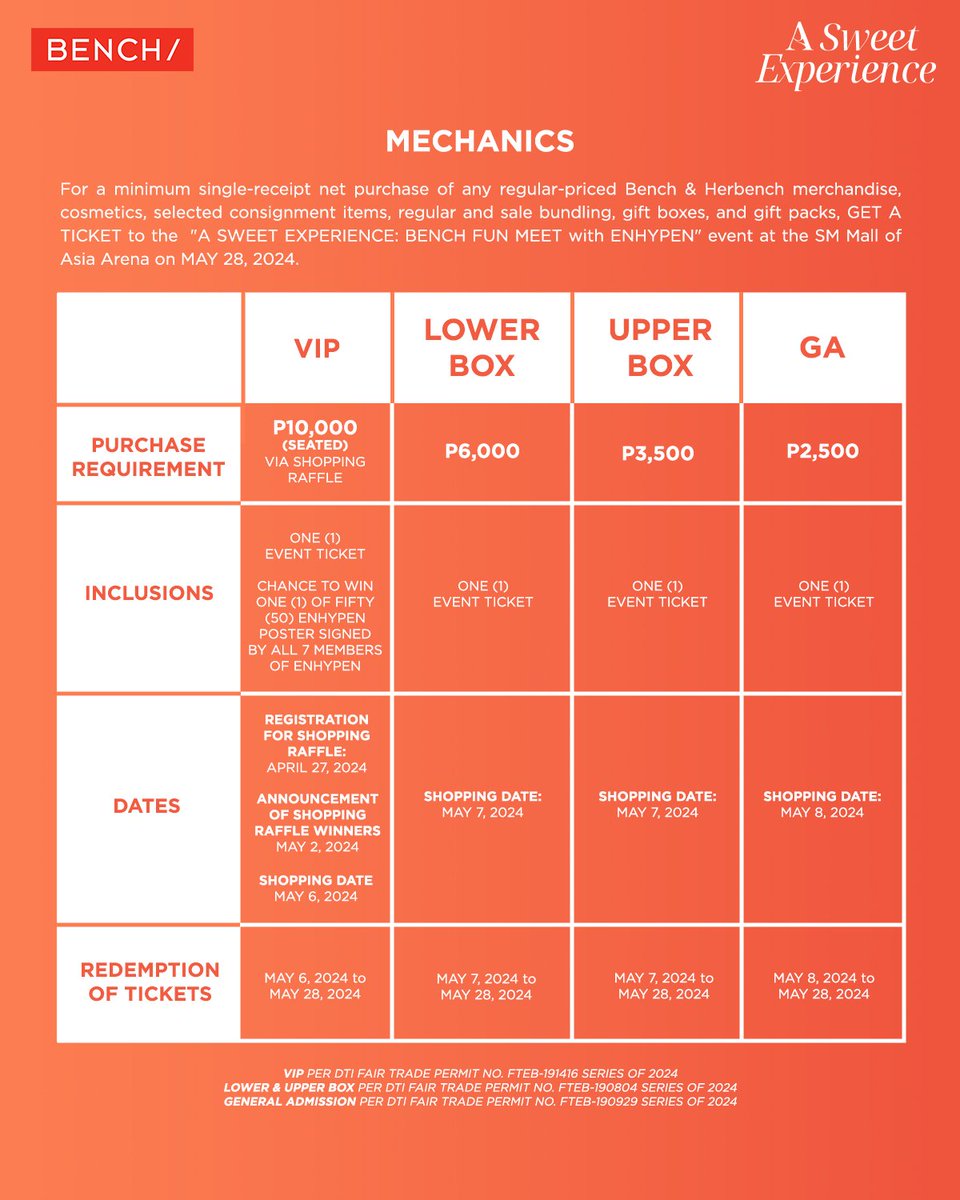 Things you need to know about the BENCH Fun Meet with ENHYPEN on May 28, 2024 at the SM Mall of Asia Arena. Don't miss it!

READ: buzzsetter.com/enhypen-a-swee…

#ASweetExperienceWithBENCH #BENCHandENHYPEN #GlobalBENCHSetter #ENHYPEN @benchtm