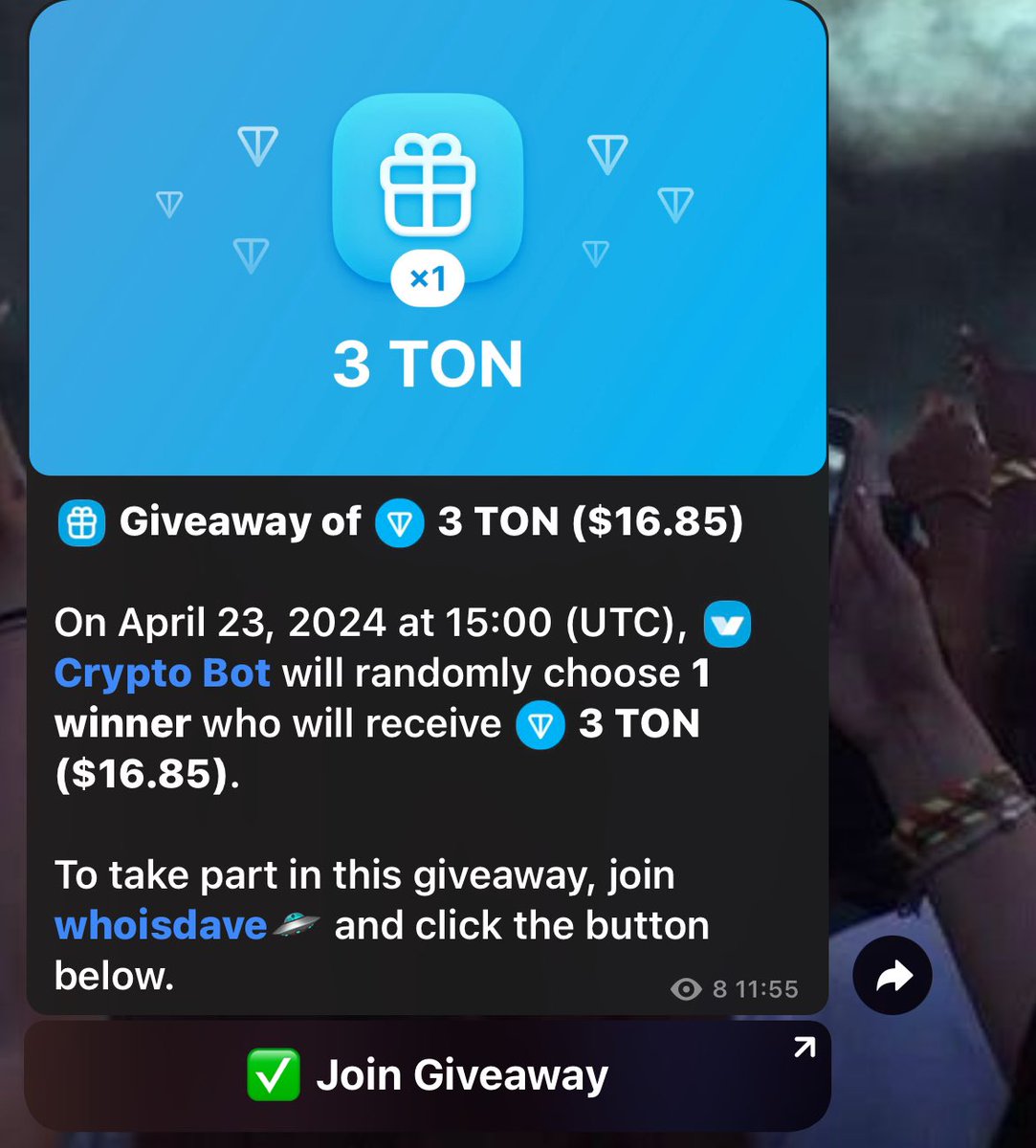 whoisdaveton's tweet photo. A 3 $TON #giveaway has started now on my #telegram channel. 

You have until 3 PM UTC to participate. 

Next drop at 50 subscribers

https://t.co/SnrQaqyoNv

$NOT #notcoin #NOTCOIN #TON https://t.co/1TzzgCjX66