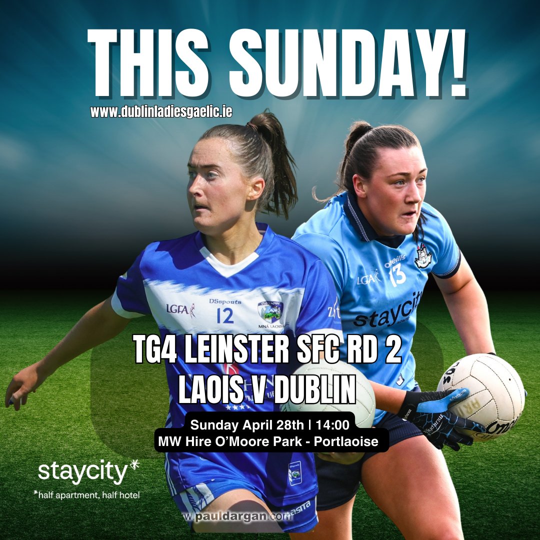 *THIS SUNDAY*

April 28th | 14.00pm
TG4 Leinster SFC Rd 2
MW Hire O'Moore Park | Portlaoise
Laois vs Dublin

Tickets for the match will go on sale shortly from universe.com

🎦Leinster LGFA will not be streaming this game.

#DublinLGFA #COYGIB #UpTheDubs