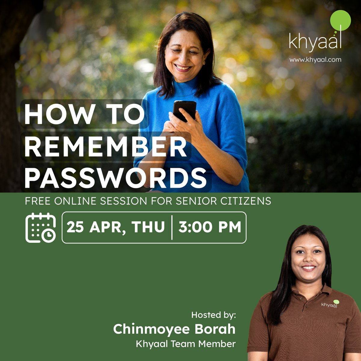 Learn simple techniques to safely remember and organize your passwords. Attend this session if you are above the age of 55 years or share it with an elderly loved one. #password #cybersecurity #onlinesafety #seniorcitizens 
To attend our exclusive sessions:
📱Download app :