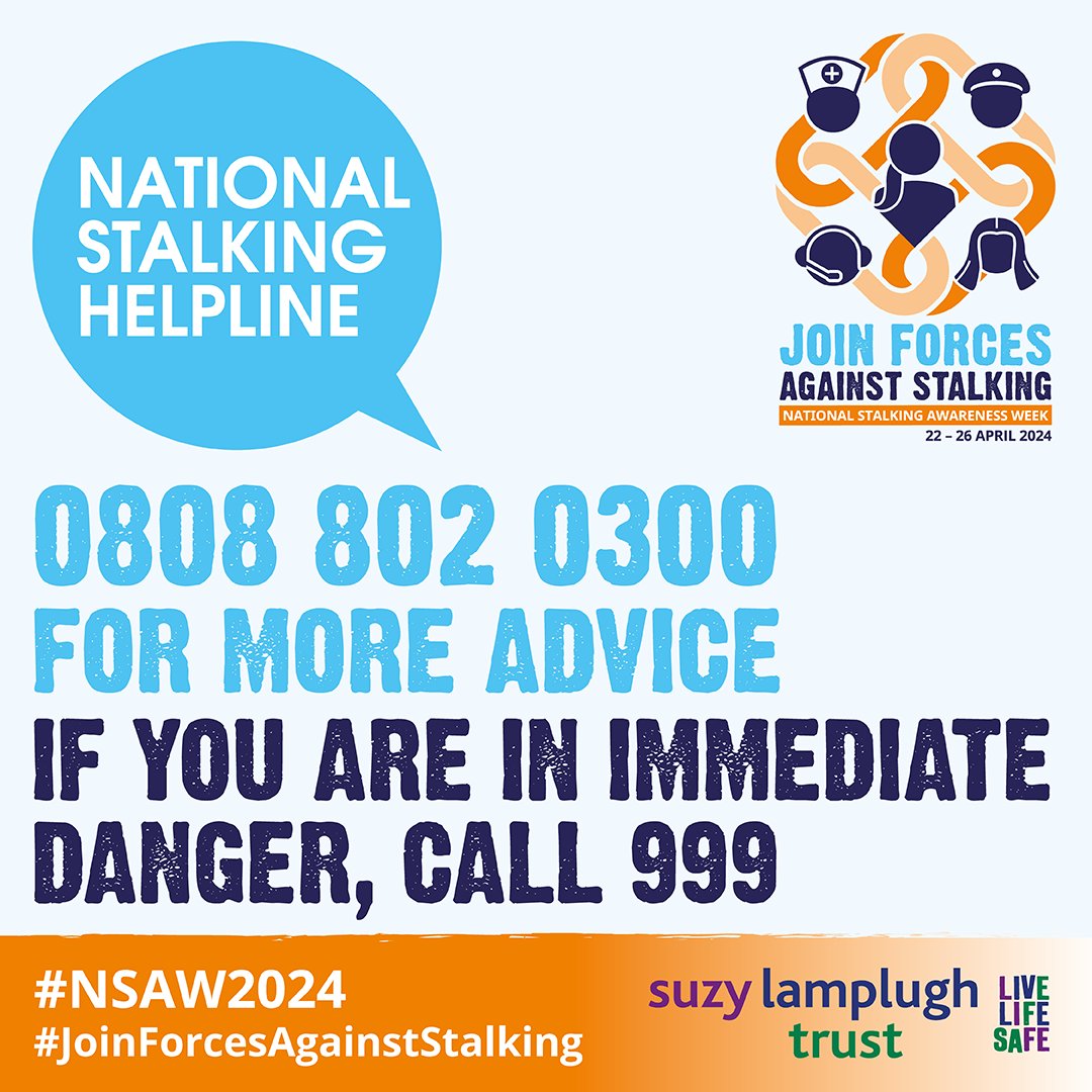 #NSAW24 #StandingAgainstStalking Stalking is a crime which goes to the very heart of violence against women and girls, removing their feeling of safety. There is help available. National Stalking Helpline - orlo.uk/sKy9V More info: orlo.uk/Rj2a1