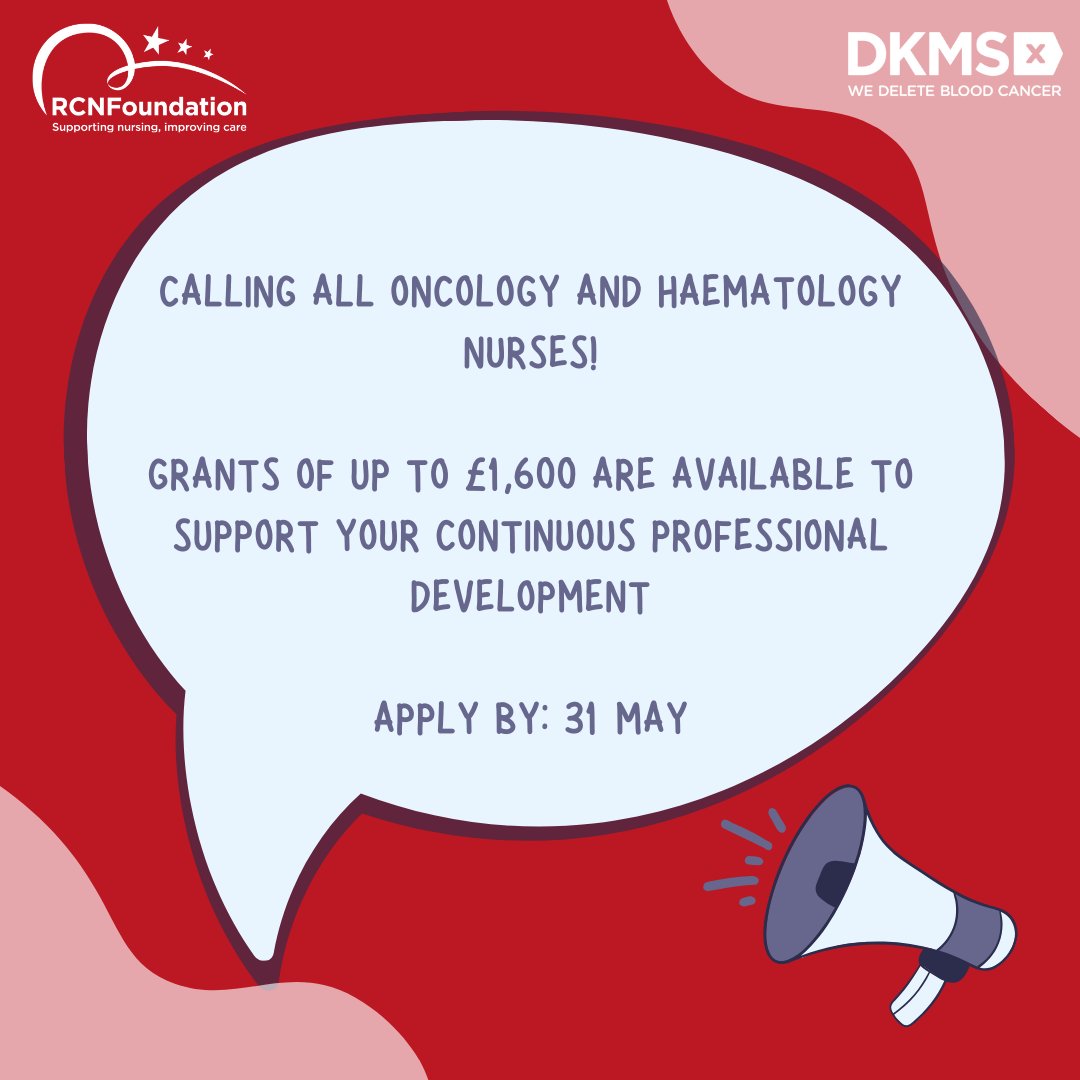 RCN Foundation (@rcnfoundation) on Twitter photo Are you a UK nurse working in or wishing to study oncology and haematology?
Following our partnership with <a href="/DKMS_uk/">DKMS UK | We Delete Blood Cancer</a>, grants of up to £1,600 are available in a wide range of educational courses to support your career.
Apply by 31 May 👇
bit.ly/3IUABUk Are you a UK nurse working in or wishing to study oncology and haematology?
Following our partnership with <a href="/DKMS_uk/">DKMS UK | We Delete Blood Cancer</a>, grants of up to £1,600 are available in a wide range of educational courses to support your career.
Apply by 31 May 👇
bit.ly/3IUABUk
