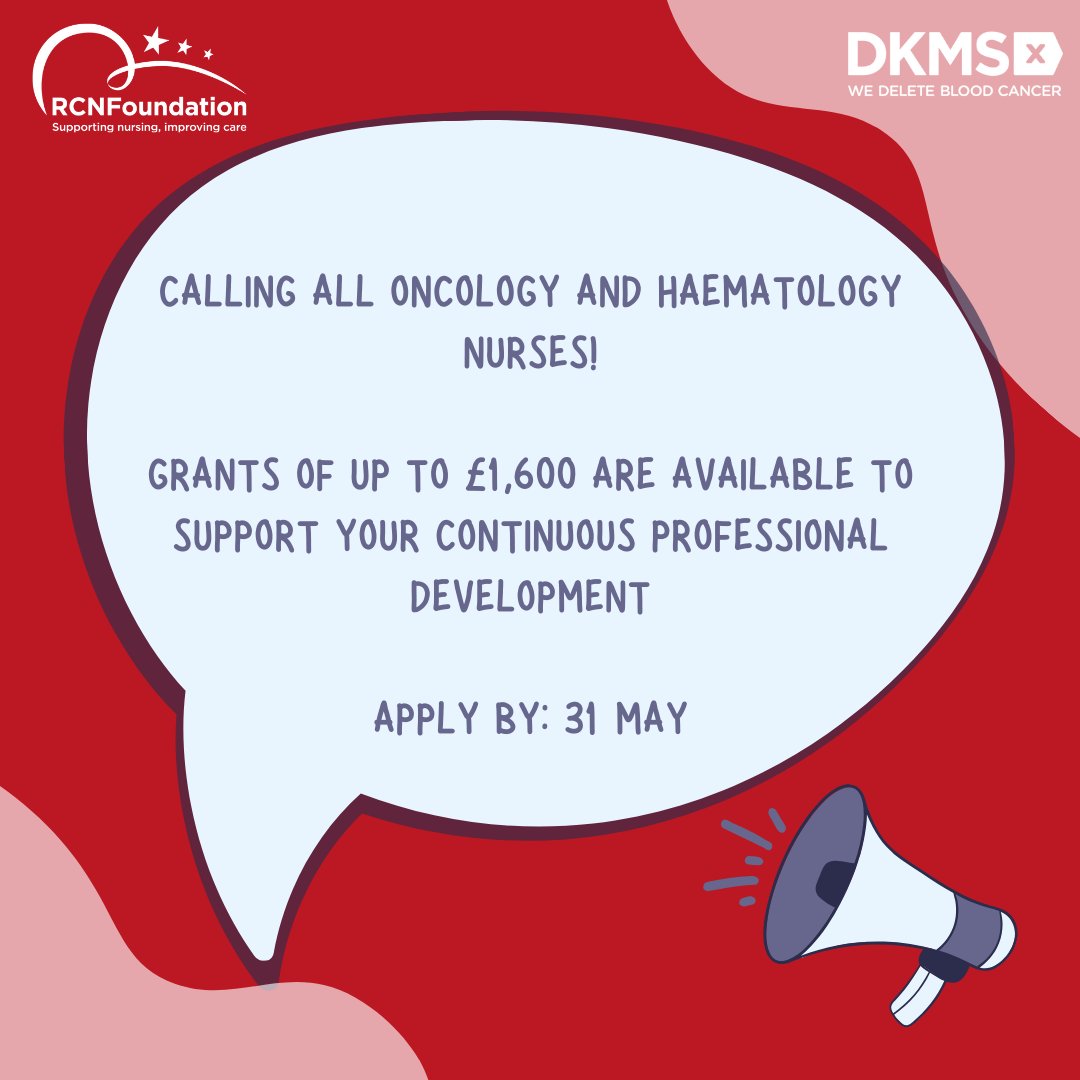 Are you a UK nurse working in or wishing to study oncology and haematology? Following our partnership with @DKMS_uk, grants of up to £1,600 are available in a wide range of educational courses to support your career. Apply by 31 May 👇 bit.ly/3IUABUk