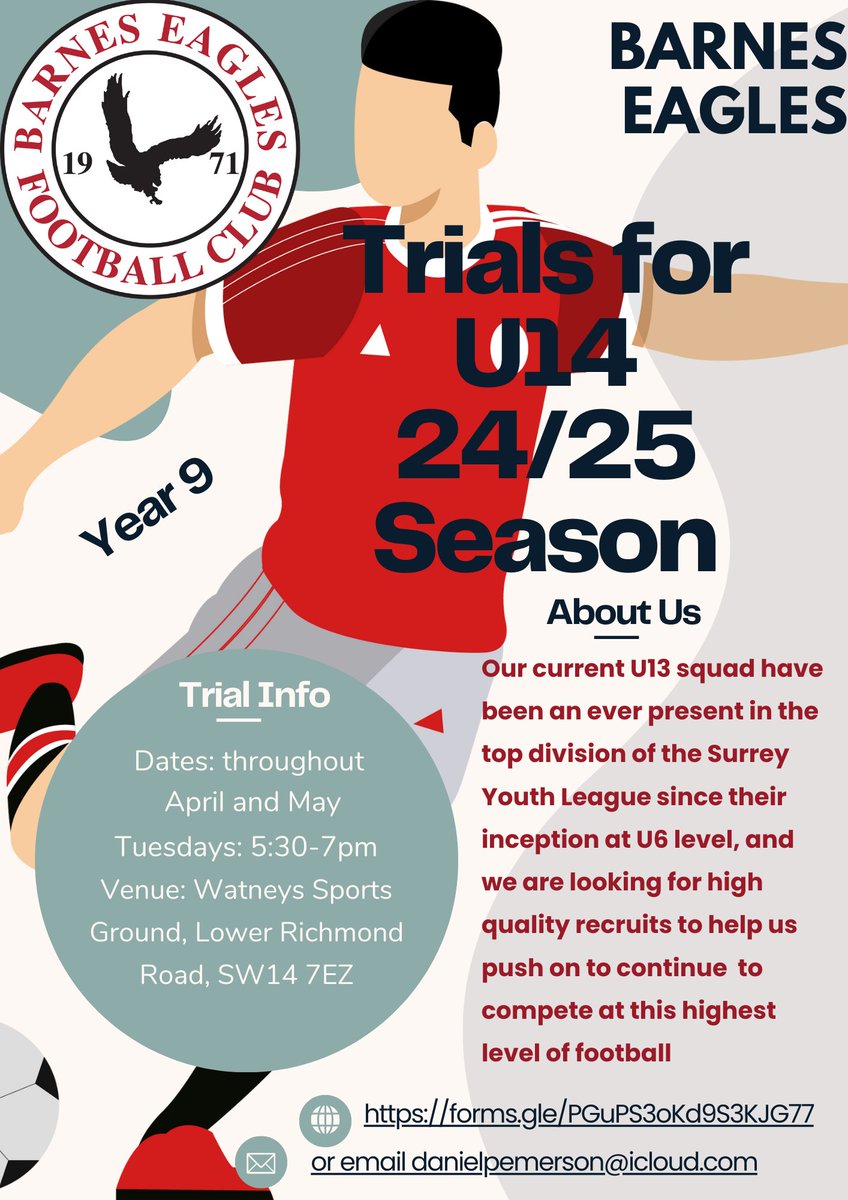Calling all U13 footballers, come and trial with Barnes Eagles for next year
@BarnesEagles71 #football #SYL #U13 #Year8