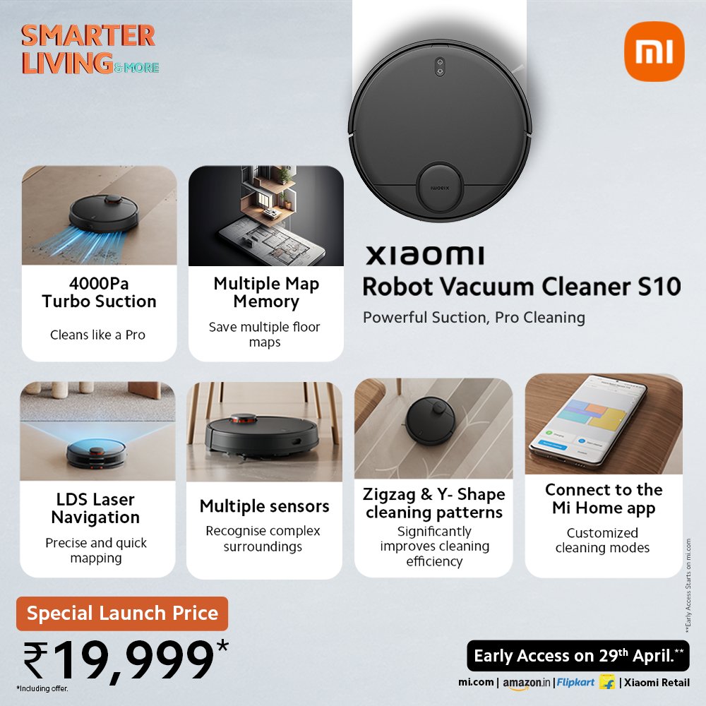 Introducing our latest game-changer: the #XiaomiRobotVacuumCleanerS10! With powerful suction and pro cleaning capabilities, it's the ultimate cleaning companion you've been waiting for. Experience cleanliness like never before. Launching at a special price of ₹19,999*.…