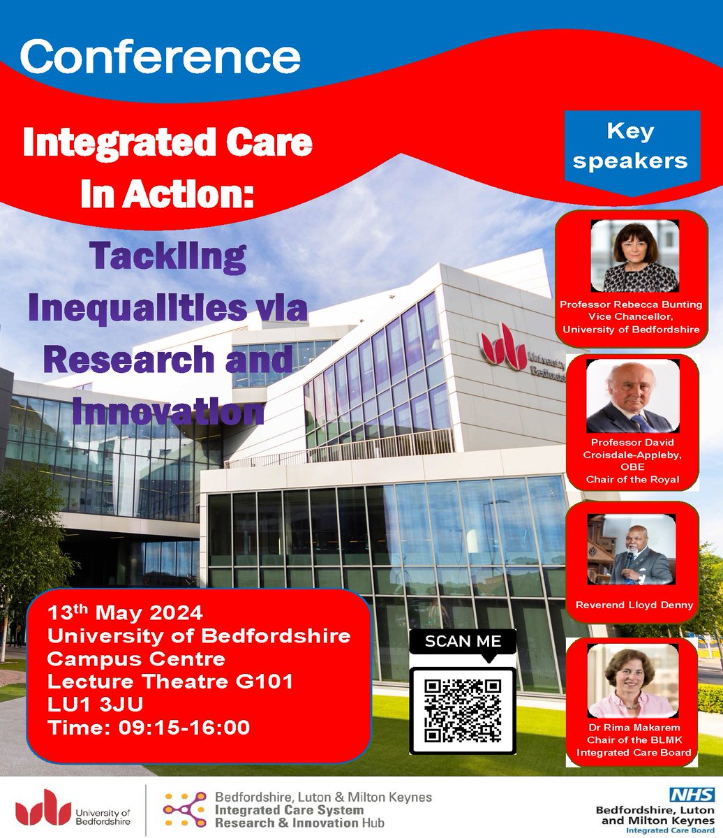 💬 The @uniofbeds has joined forces with @BLMKHealthCare to host an annual conference focused on tackling inequalities in integrated care through #research & #innovation. Find out more & how to register to attend for FREE: beds.ac.uk/news/2024/apri… 👈