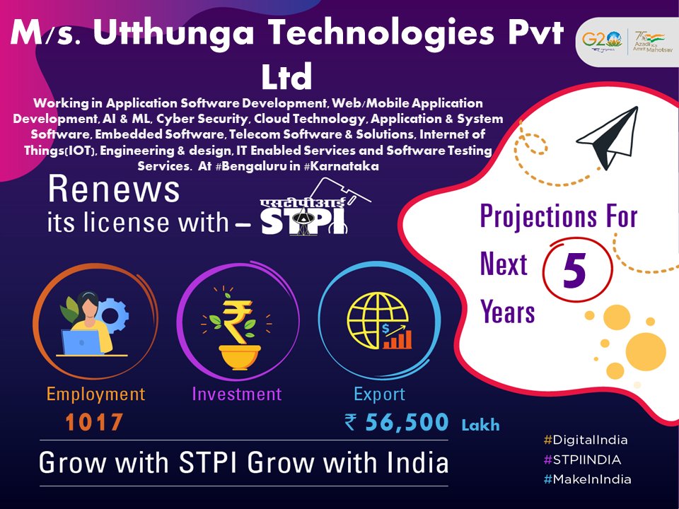 Congratulations M/s Utthunga Technologies Pvt Ltd for renewal of license! #GrowWithSTPI #DigitalIndia #STPIINDIA #StartupIndia @AshwiniVaishnaw @Rajeev_GoI