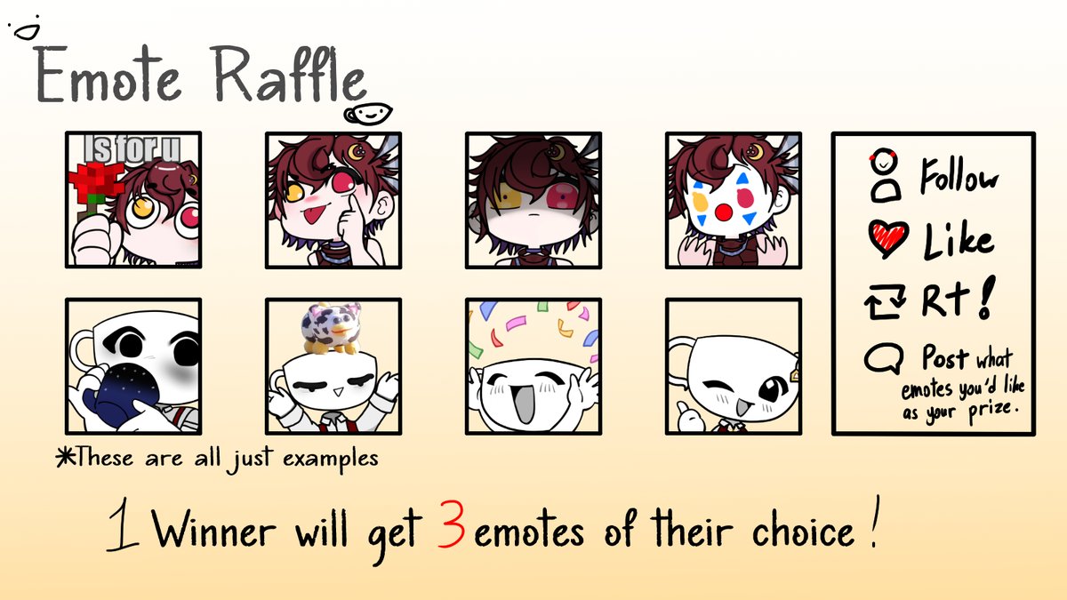 📢EMOTE RAFFLE/GIVEAWAY📢 How to participate: 🍵Follow(Twitch or X) 🍵Like + RT 🍵Reply which Emote base you'd like! If I reach 300 followers on Twitch, I'll add in one more winner who will also be getting 3 emotes! #ArtRaffle #emotes #Vtubers