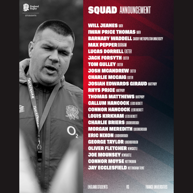 RFU's tweet photo. Future stars on show 🤩

🏉 @EngRugbyUnis vs. France Universities
📅 4 May 2024
🏟️ Coventry Rugby Club

Darren Fearn's England Students squad are looking to make it three consecutive wins in this fixture

Find out more and get your ticket 🎟️⬇️