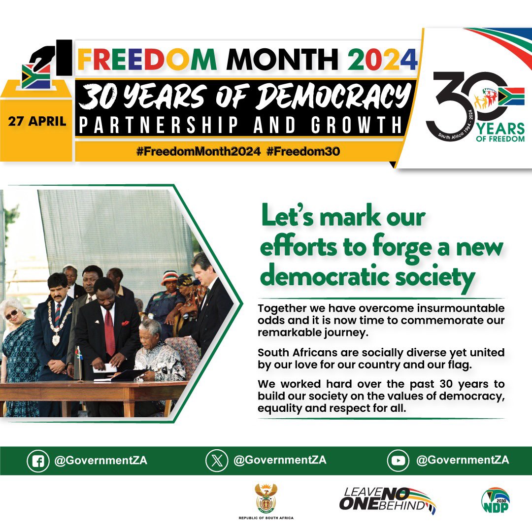 4 days till we celebrate Freedom Day In South Africa, prior to 1994, many communities were deprived of basic services, which included clean running water, electricity, housing and education. Date: 27 April 2024 Venue: Union Buildings, Pretoria #FreedomMonth2024 #Freedom30