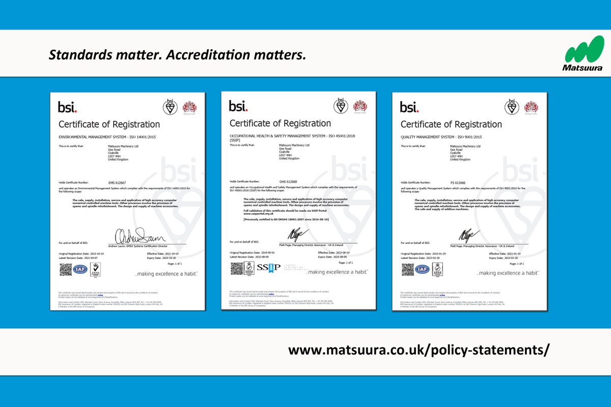 Standards matter. Accreditation matters. You can now download PDF copies of our ISO 9001, ISO 14001 & ISO 45001 accreditation certificates directly from our website; matsuura.co.uk/policy-stateme… #iso9001 #iso14001 #iso45001 #BSI #ukmfg