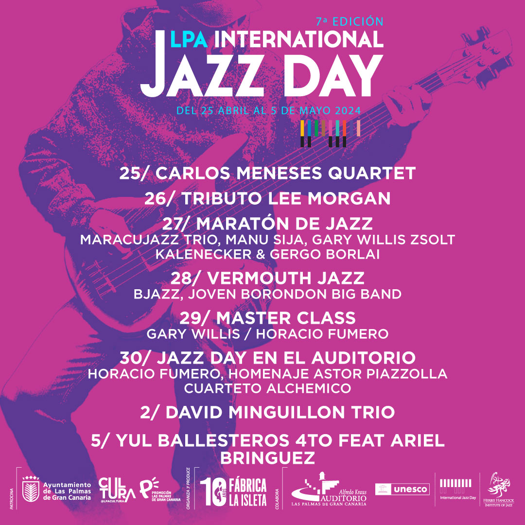 #LPGC anticipa la celebración del Día Internacional del Jazz (30 de abril) con conciertos y encuentros en distintos puntos de la ciudad del 25 de abril al 5 de mayo DISFRUTA DE UNA NUEVA EDICIÓN DE «LPA INTERNATIONAL JAZZ DAY» con @fabricaisleta lpacultura.com/notices/las-pa…