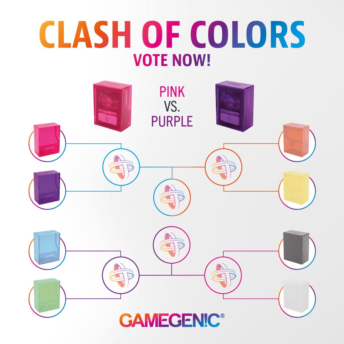 CLASH OF COLORS!🎨 It is time to vote! We want to know your favorite color of our BASTION 50+. First round: PINK vs. PURPLE Leave a comment with either „purple“ or „pink“. What's your favorite color? You decide! Vote now! #gamegenic #clashofcolors #bastion #deckbox