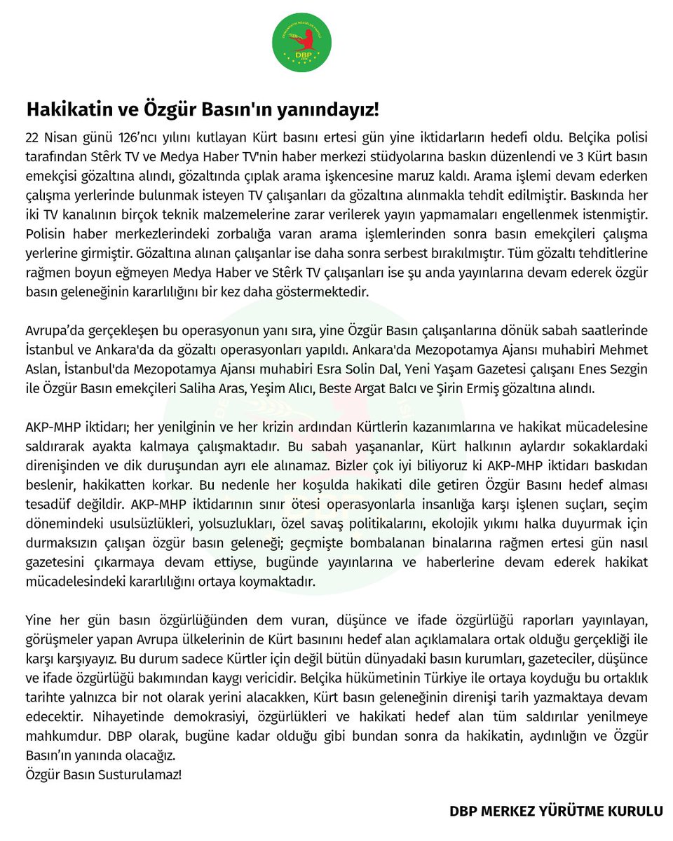 Demokrasiyi, özgürlükleri ve hakikati hedef alan her saldırı yenilmeye mahkûmdur! Merkez Yürütme Kurulumuzun Özgür Basın emekçilerine ve kurumlarına dönük operasyonlara ilişkin açıklamasıdır.