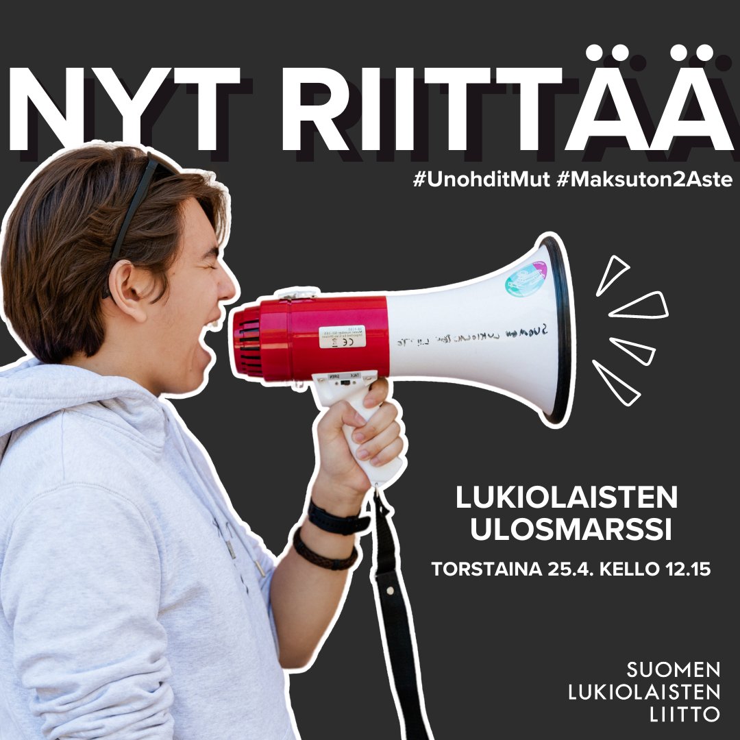Olemme äärimmäisen pettyneitä hallituksen päätökseen rajata 2. asteen maksuttomuus siihen vuoteen, kun opiskelija täyttää 18.

Kehotamme lukiolaisia osallistumaan valtakunnalliseen ulosmarssiin to 25.4. klo 12.15 tätä muutosta vastaan.

lukio.fi/ulosmarssi

#Maksuton2Aste 1/2