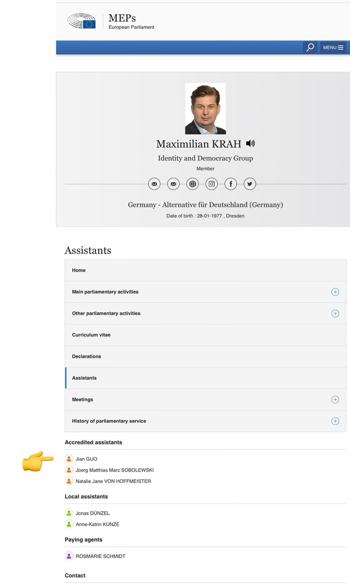 🔥 Jian G., an aide to MEP Maximilian Krah — the far-right 🇩🇪 AfD party's lead candidate in the forthcoming EU-wide elections, has been arrested on suspicion of spying for China. “Jian G. is an employee of a Chinese secret service' On the website of the European Parliament,