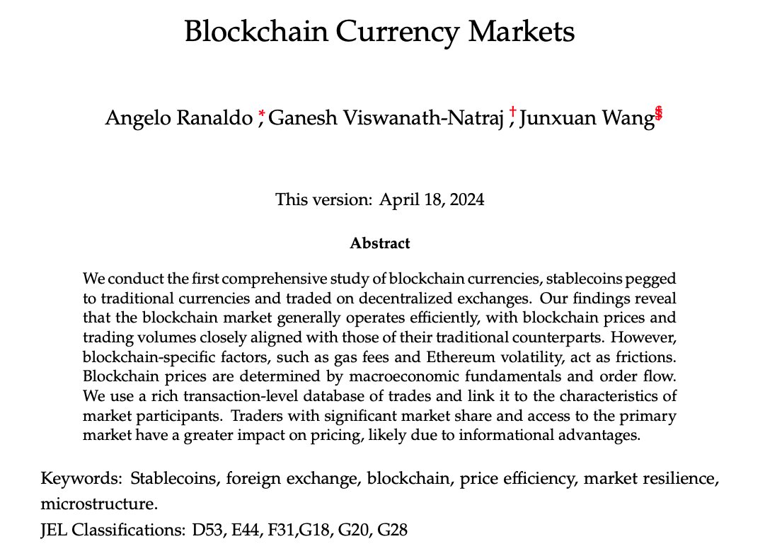 1/5 Can foreign exchange markets trade on the blockchain? Excited to share a new paper with <a href="/Junxuan_Wang_/">Junxuan</a>  and <a href="/RanaldoAngelo/">Angelo Ranaldo</a>. We focus our attention on EURC/USDC, a stablecoin pair trading on Uniswap. Is this market connected to the traditional EUR/USD market? A short thread