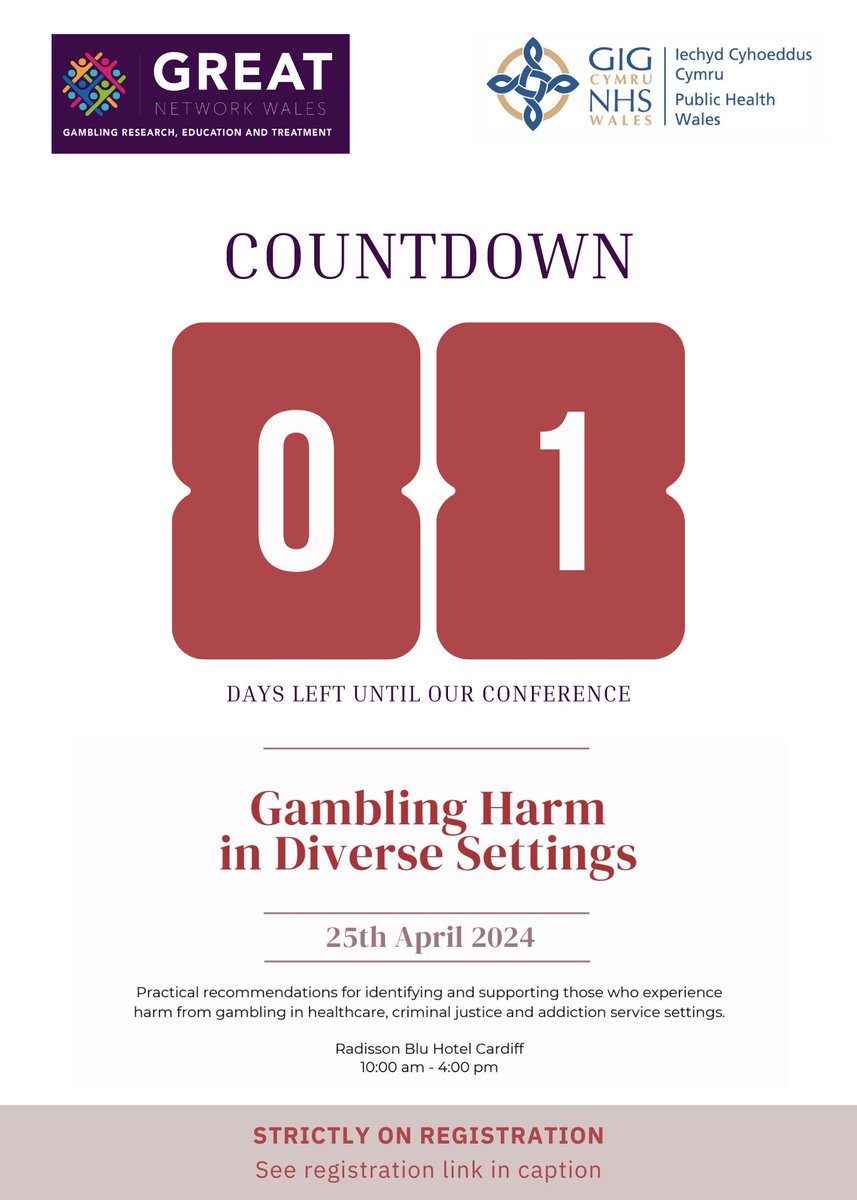 🎉 Tomorrow is the big day!

Our conference with @PublicHealthW on 'practical recommendations for gambling harm' is here, and we are thrilled.

Get ready for a day filled with insights, inspiration, and lifetime connections.

#GREATPHW
#GamblingResearch
#GamblingTreatment