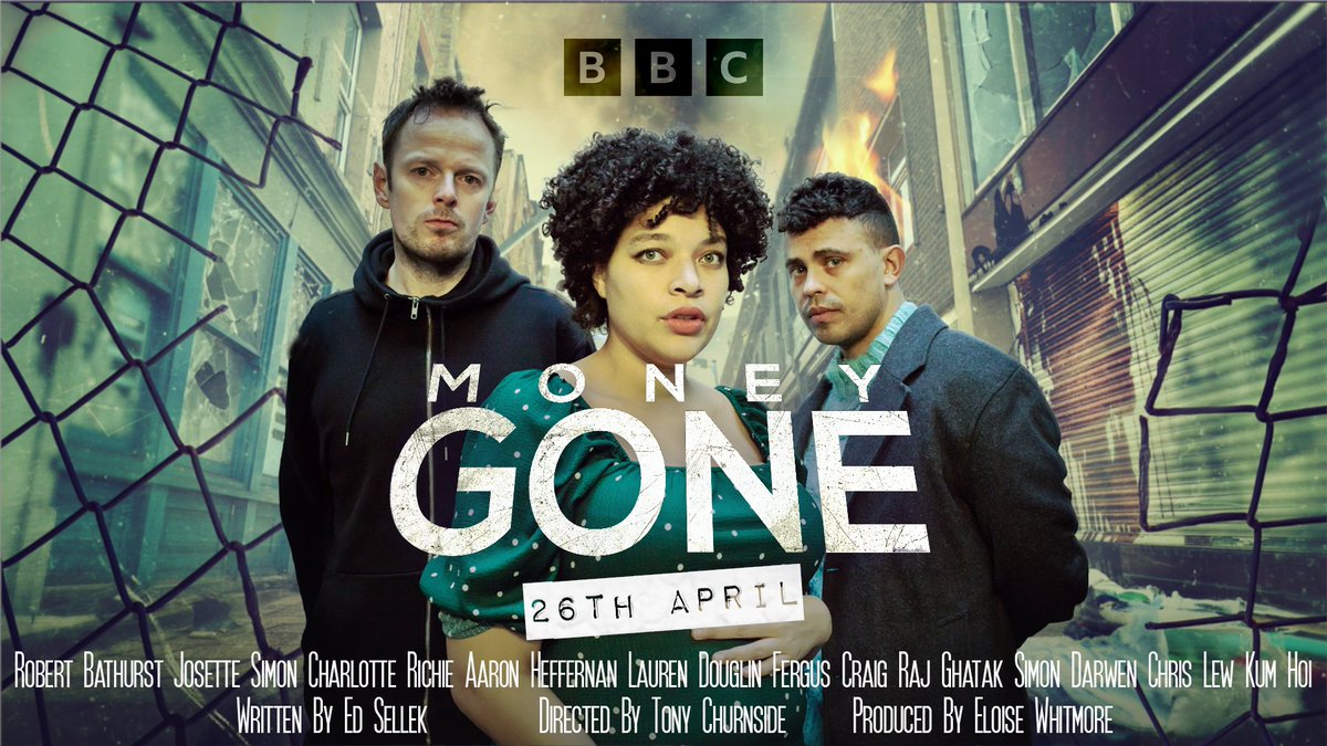 Money Gone, our new @bbcradio4 #limelight 5 part apocalyptic satire starring, drops Friday! Meet Grace and Ross 👇.  She’s 7 months pregnant and has picked the worst day to run away, he’s a ex-con from the wrong side of the tracks who now sees a land of opportunity.