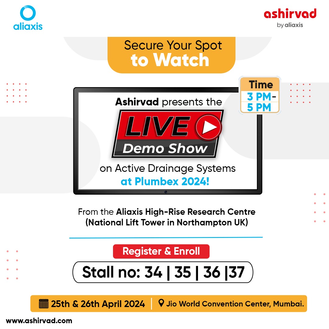 #Ashirvad is thrilled to announce, that we'll be hosting a Live Demo Show straight from the Aliaxis High-Rise Research Centre (National Lift Tower in Northampton, UK) at #Plumbex2024, featuring the cutting-edge #ActiveDrainageSystem. 
#PlumbingInnovation #LeadershipInAction