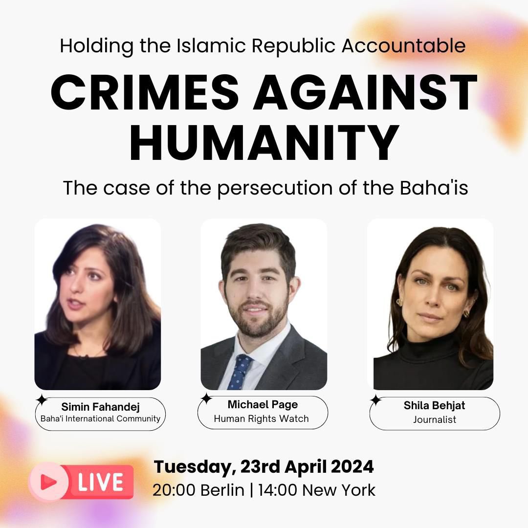 Join us for this Instagram live tonight at 8pm Berlin time with Deputy Director of Human Rights Watch @hrw @hrw_fa, @MichaelARPage and journalist, @shila_behjat . Thank you @shila_behjat for organizing and hosting this important conversation on the persecution of the #bahais in