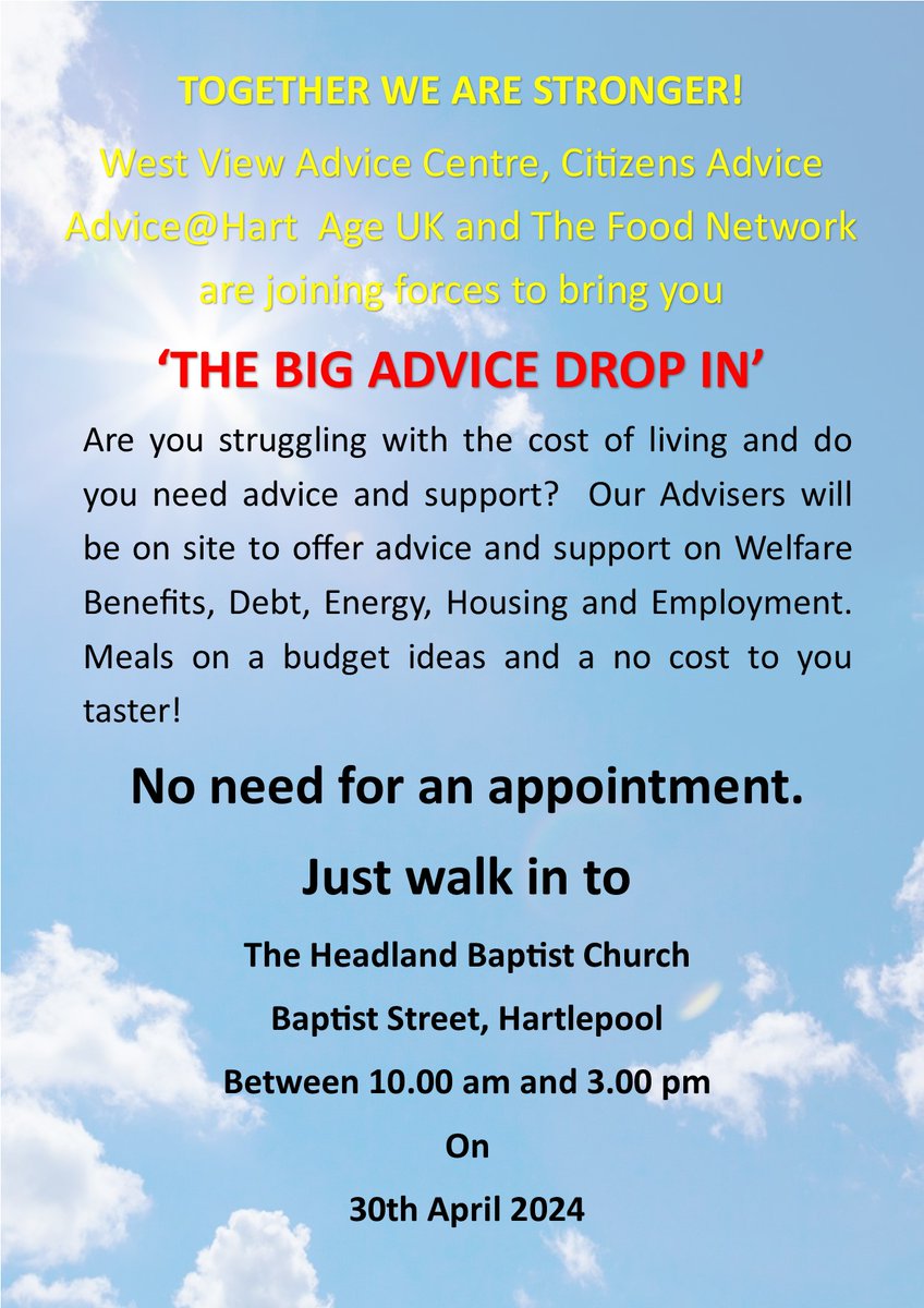 If you're struggling with the cost of living and need advice and support come along to The Big Advice Drop-in taking place at the Headland Baptist Church in Baptist Street from 10am-3pm on Tuesday 30th April. No need for an appointment.