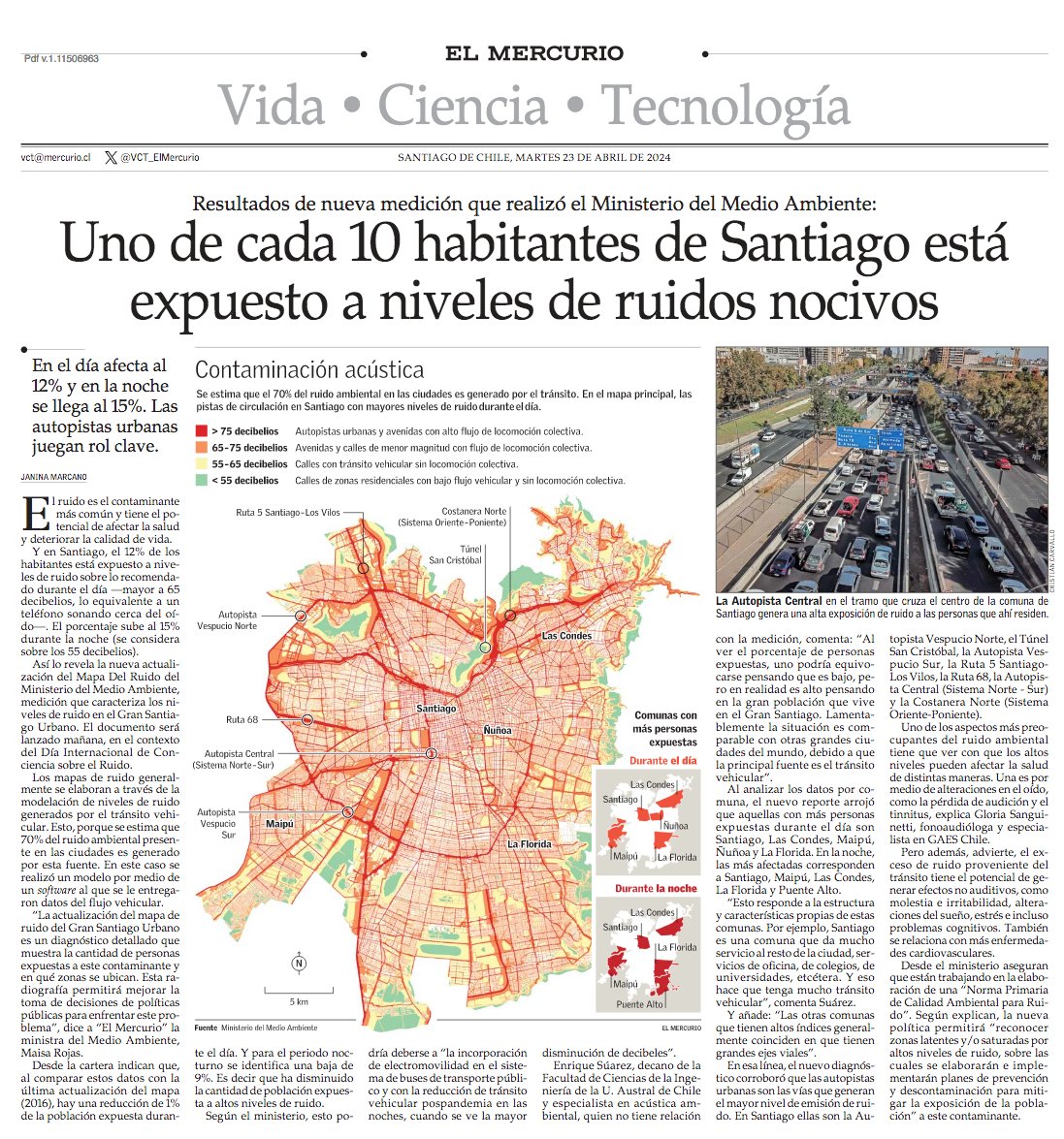 Uno de cada 10 habitantes de Santiago está expuesto a niveles de ruidos nocivos. #VCTElMercurio shorturl.at/vACZ2
