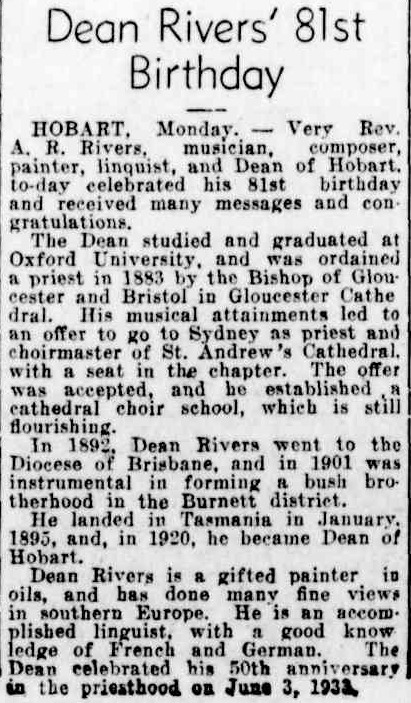 AustAnglican's tweet photo. 23 April 1920: installation of the Ven. Arthur Richard Rivers (1857-1940), Archdeacon of Toowoomba, @CathedralHobart, as Dean of Hobart. #anglican #104years #StGeorgesDay🏴 He served in that role for the rest of his life. Musician, composer, painter, linguist... very talented! https://t.co/tZlPaLWl6q