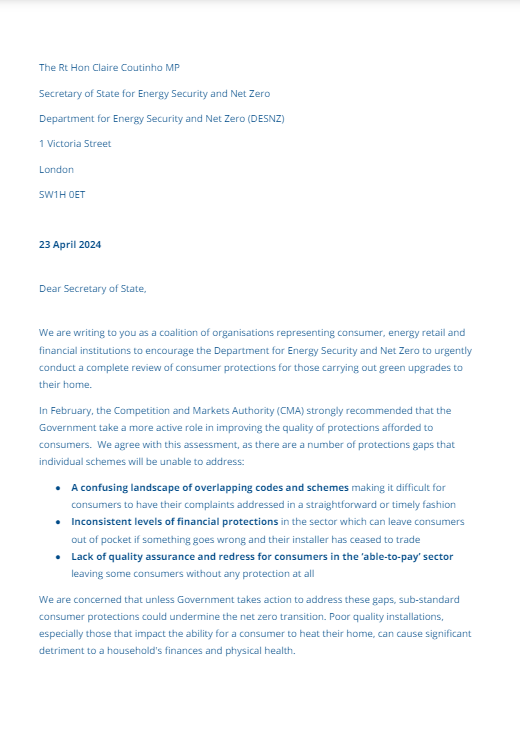 CAenergypolicy's tweet photo. Today @CitizensAdvice has come together with organisations representing consumer, energy and financial institutions to call on the Secretary of State for Energy Security and Net Zero @ClaireCoutinho to urgently review protections for consumers making green upgrades to their homes https://t.co/6qWdOeyo3S
