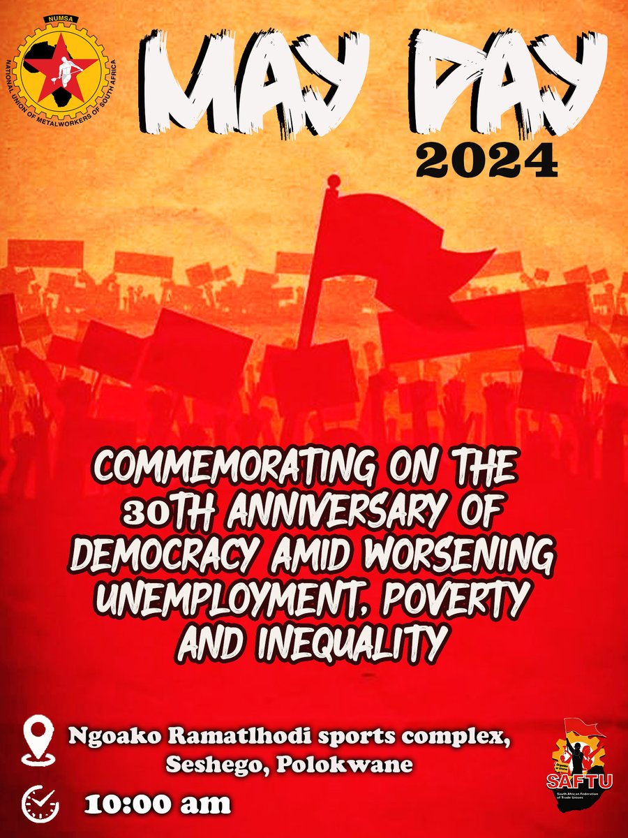 SAFTU_media's tweet photo. #MayDay2024 #πππ
ππ #DefendWorkersRight #NUMSA https://t.co/EFzQVX0yb2