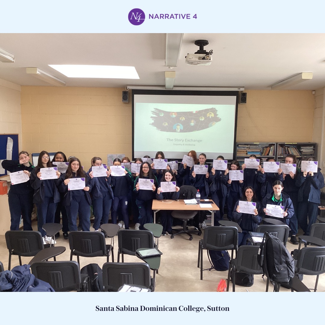 Well done to the 27 students of @santasabina_ie who took part in a story exchange last week👏 sharing stories about ‘a happy moment’ from their lives. Learn more about the power of the Story Exchange: narrative4.ie/story-exchange/