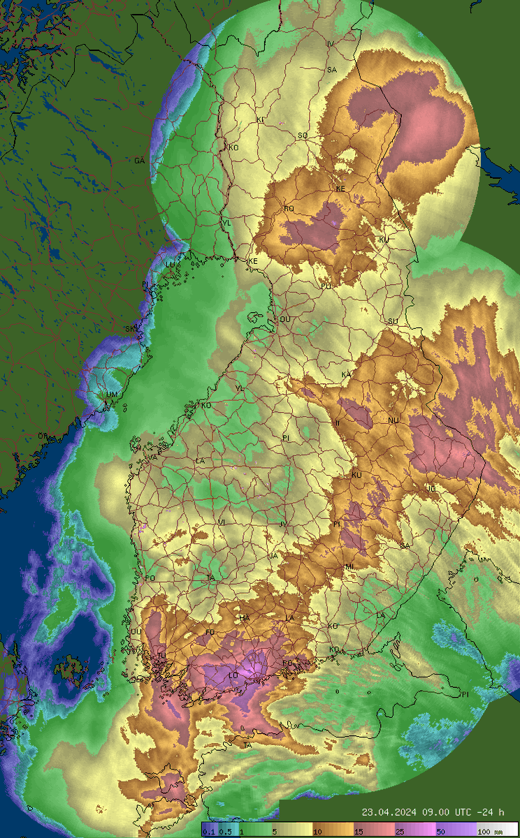 Accumulated radar very clearly shows the hotspot around western Vantaa/northern Espoo. Locally >30 cm of fresh snow there....

#takatalvi #winter #snow