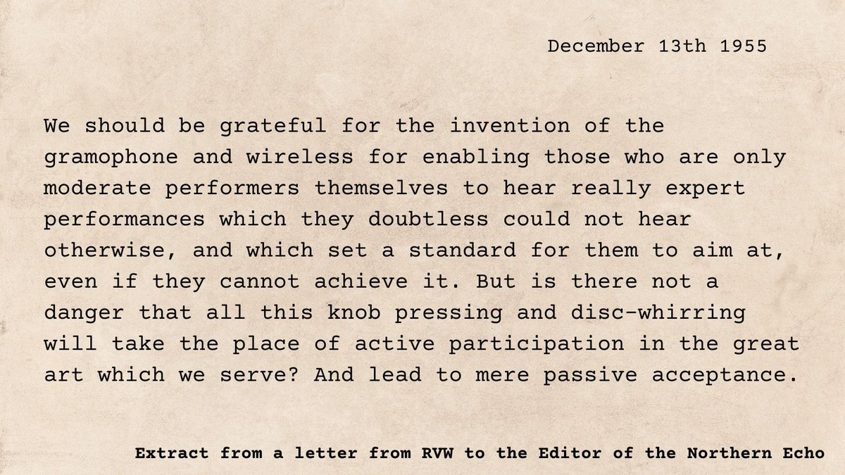 This letter from Vaughan Williams to the Northern Echo seems to demonstrate that every generation has concerns about what impact modernisation will have on creativity. We wonder what RVW would have made of AI?!