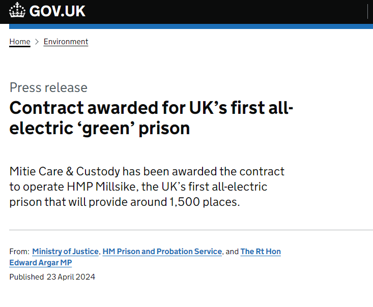 UK announces the debut of the country's 'first all-electric ‘green’ prison' The prison will have solar panels and heat pumps, so will cut emissions compared to traditional prisons gov.uk/government/new…