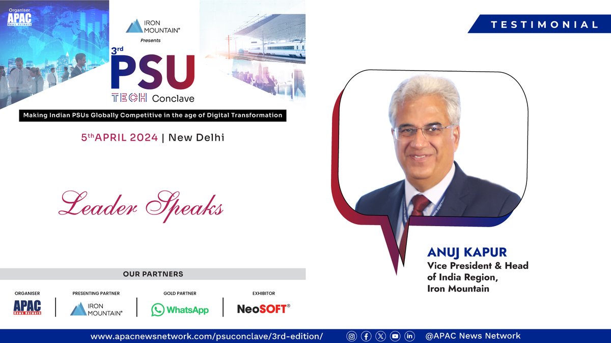 Hear from Leaders about their experience of attending 'APAC 3rd PSU Tech Conclave.' #Testimonial : Anuj Kapur, Vice President & Head of India Region, @IronMountain To watch the entire video, Visit: youtu.be/7OfAtLqv9DU?si… #APACPSU #PSU #Cloud #IoT #AI #IT #OT