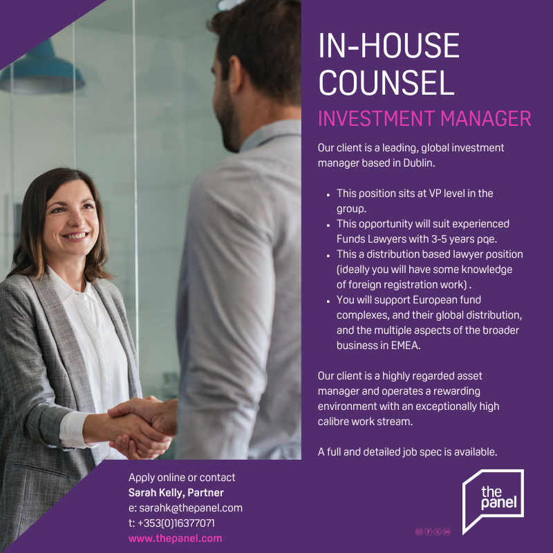 In-House Counsel (thepanel.com/job/49050/lega…) role is currently available with our client, a leading, global investment manager based in Dublin.

For more information, contact Sarah at sarahk@thepanel.com

#inhousecounsel #counsel #investmentmanager #fundslawyer #lawyer