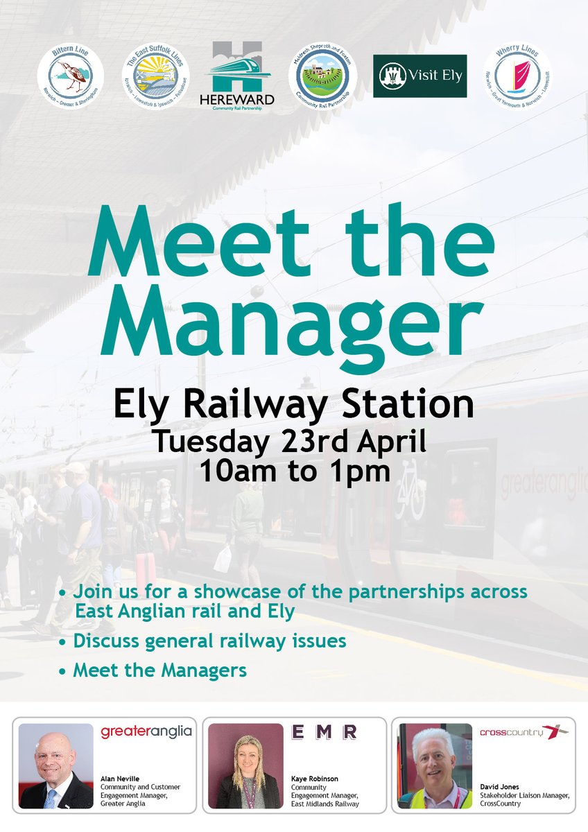 Fenland's #HerewardLine community rail partnership at Ely Station today for the latest 'Meet the Manager' event. Joined by East Anglian CRPs @EMCommunityRail, @BitternLine, @EastSuffolkLine & @MSFCRP, managers from @greateranglia, @CrossCountryUK & @EastMidRailway & @visitely.