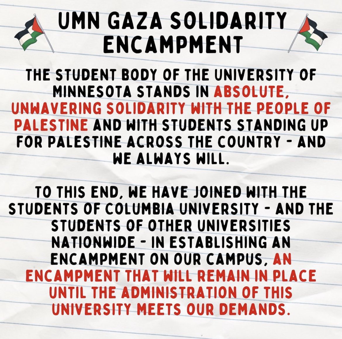 JOIN UMN STUDENTS ON THE MALL TO SUPPORT PALESTINE!!! This morning at 4am, UMN Divest set up an encampment on Northrop Mall in solidarity with the people of Gaza and Palestine and to demand divestment from our university. Check the replies for our demands and action items!