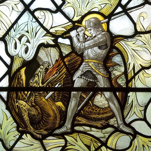 Hello again This stained glass window of St George is in Painswick Gloucestershire and is by Powell of Whitefriars